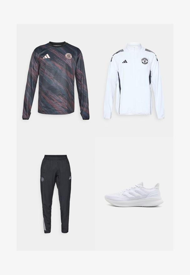 Valge sportlik jope mustade detailidega, lukuga kinnitamine ja Manchester Unitedi logo. Omab kolme musta triipu õlgadel ja elastseid mansette.; Tumedat käised, tumesinine ja marooniga jerses, millel on tekstureeritud ja laineline mustriline disain. Fookuses must kaelus ja FC Bayern Muncheni logo rinnal.; Mustad mustreeritud mustad spordipüksid, millel on elastne vöökoht, tikitud logo reiel ja valged triibud külgedel.; Valged spordijalatsid, millel on tekstuuriga võrgusilma ülemine osa, toetav pehme põhi ja külgedel kolme triibu disain.