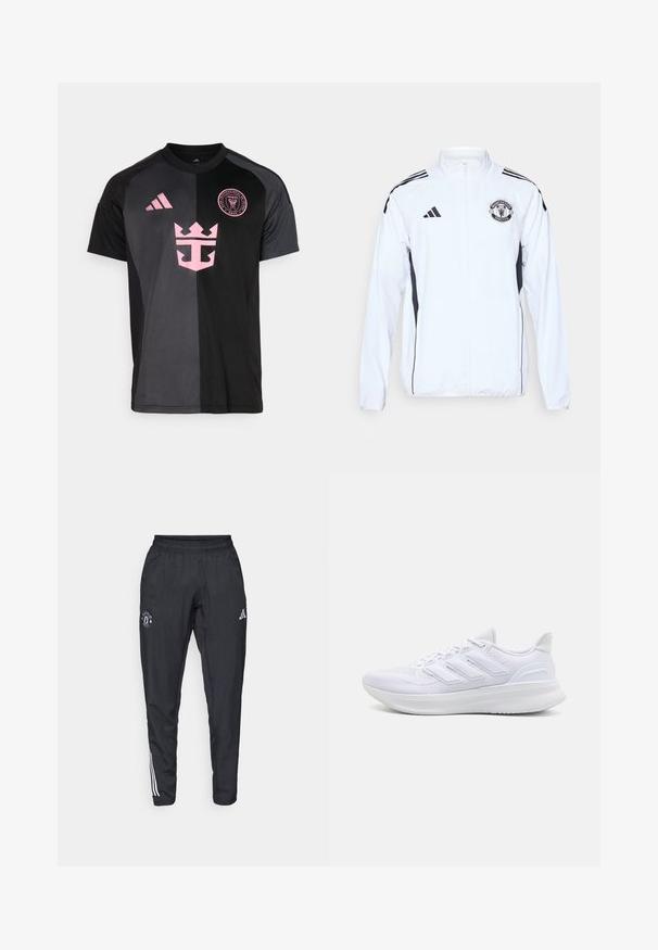 Veste de sport blanche avec des accents noirs, fermeture éclair, et logo de Manchester United. Présente trois bandes noires sur les épaules et des poignets élastiques.; Maillot de sport noir et gris à manches courtes, avec des détails de logo rose et un col rond. Présente un design de couronne sur le devant.; Pantalons de sport noirs avec une taille élastique, logo brodé sur la cuisse et bandes blanches sur les côtés.; Chaussures de sport blanches avec un dessus en mesh texturé, une semelle rembourrée et un design à trois bandes sur le côté.