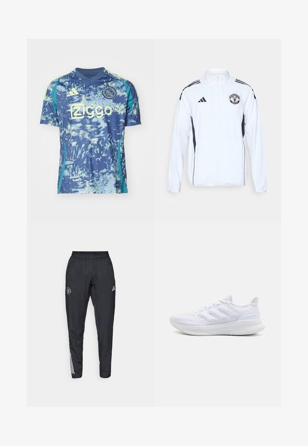 Biała sportowa kurtka z czarnymi akcentami, na zamek błyskawiczny i z logo Manchester United. Posiada trzy czarne paski na ramionach oraz elastyczne mankiety.; Niebieska koszulka piłkarska z abstrakcyjnymi, jasnoniebieskimi i żółtymi wzorami, z krótkimi rękawami i dekoltem w serek, posiada logo Adidas oraz herb klubu.; Czarne spodnie sportowe z elastycznym paskiem w talii, haftowanym logo na udzie oraz białymi pasekami biegnącymi wzdłuż boków.; Białe buty sportowe z teksturowaną siateczką na cholewce, wspierającą wyściółką i trzema paskami po boku.