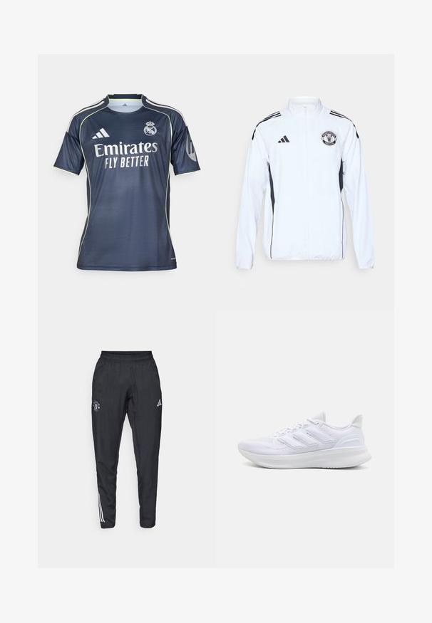 Chaqueta deportiva blanca con detalles en negro, cierre de cremallera y logo del Manchester United. Presenta tres franjas negras en los hombros y puños elásticos.; Camiseta de fútbol azul marino hecha de tela suave, con acentos en verde claro, mangas cortas y el logo "Emirates FLY BETTER" prominentemente exhibido.; Pantalones deportivos negros con cinturilla elástica, logo bordado en el muslo y rayas blancas que recorren los lados.; Zapatillas deportivas blancas con una parte superior de malla texturizada, suela acolchada y soporte, y un diseño de tres rayas en el lateral.