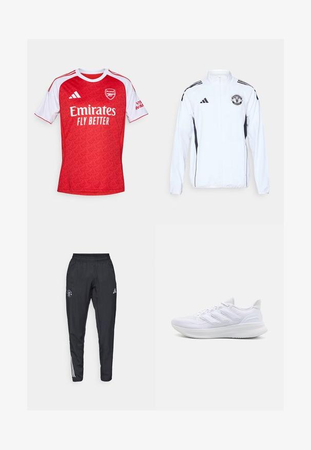 Giacca atletica bianca con accenti neri, chiusura a zip e logo del Manchester United. Presenta tre strisce nere sulle spalle e polsini elasticizzati.; Maglia da calcio rossa con accenti bianchi, caratterizzata da un motivo geometrico, collo rotondo e logo dell'Arsenal, insieme al branding "Emirates Fly Better".; Pantaloni sportivi neri con vita elastica, logo ricamato sulla coscia e strisce bianche che scorrono lungo i lati.; Scarpe sportive bianche con tomaia in mesh texturato, suola ammortizzata e supportiva, e design a tre strisce sul lato.