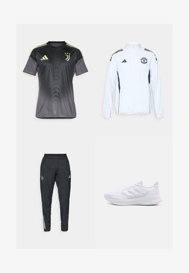White athletic jacket with black accents, zip closure, and Manchester United logo. Features three black stripes on shoulders and elastic cuffs.; Gray athletic jersey with a gradient design, featuring black sleeves, three green stripes on the shoulders, and a Juventus logo.; Black athletic pants featuring an elastic waistband, embroidered logo on the thigh, and white stripes running down the sides.; White athletic shoes featuring a textured mesh upper, supportive cushioned sole, and three stripe design on the side.