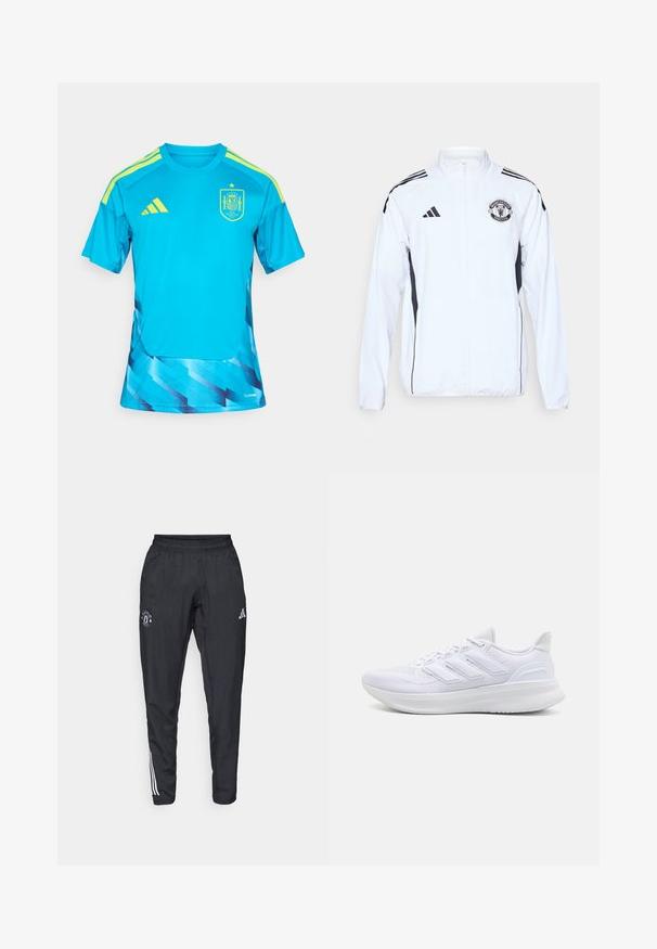 Balta sportinė striukė su juodais akcentais, užtrauktuku ir „Manchester United“ logotipo ženklu. Yra trys juodos juostelės ant pečių ir elastingi manžetai.; Turkio sportinis marškinėlis su geltonais akcentais, apatinėje dalyje su geometriniu raštu ir ant krūtinės su Ispanijos nacionaliniu emblemu.; Juodos sportinės kelnės su elastingu juosmeniu, siuvinėtu logotipu ant šlaunies ir baltais dryžiais, juosiančiais šonus.; Balti sportiniai batai su tekstūruotu tinkleliu, palaikančia minkšta padu ir trimis juostelėmis šonuose.