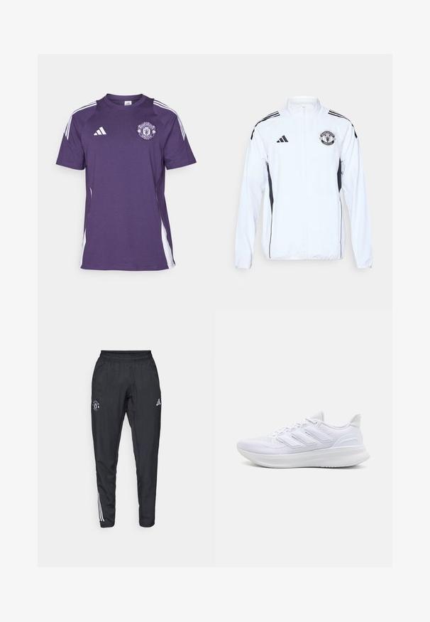 White athletic jacket with black accents, zip closure, and Manchester United logo. Features three black stripes on shoulders and elastic cuffs.; Purple sports jersey with white accents, featuring short sleeves, a round neck, and Manchester United logo on the chest. Made of lightweight fabric.; Black athletic pants featuring an elastic waistband, embroidered logo on the thigh, and white stripes running down the sides.; White athletic shoes featuring a textured mesh upper, supportive cushioned sole, and three stripe design on the side.