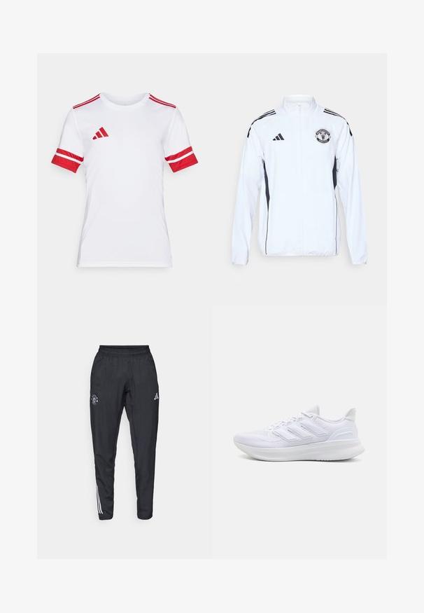 Chaqueta deportiva blanca con detalles en negro, cierre de cremallera y logo del Manchester United. Presenta tres franjas negras en los hombros y puños elásticos.; Camisa deportiva blanca de manga corta con detalles en rojo, que incluye mangas a rayas y un detalle en el hombro, fabricada con una tela suave y duradera.; Pantalones deportivos negros con cinturilla elástica, logo bordado en el muslo y rayas blancas que recorren los lados.; Zapatillas deportivas blancas con una parte superior de malla texturizada, suela acolchada y soporte, y un diseño de tres rayas en el lateral.