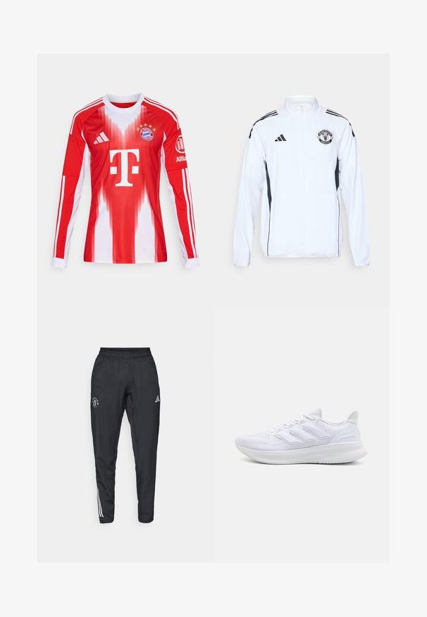 Bílá sportovní bunda s černými akcenty, na zip, s logem Manchester United. Obsahuje tři černé pruhy na ramenou a elastické manžety.; Červené a bílé fotbalové tričko s dlouhým rukávem, které obsahuje gradienty, klubové logo a tři pruhy na rukávech, vyrobené z prodyšného materiálu.; Černé sportovní kalhoty s elastickým pasem, vyšitým logem na stehně a bílými pruhy na bocích.; Bílé sportovní boty s texturovaným síťovaným svrškem, podpůrnou polstrovanou podrážkou a třemi pruhy na boku.