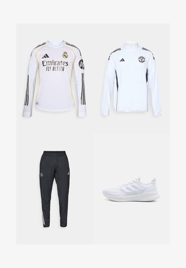Chaqueta deportiva blanca con detalles en negro, cierre de cremallera y logo del Manchester United. Presenta tres franjas negras en los hombros y puños elásticos.; Camiseta de fútbol de manga larga blanca con rayas negras, logo de Adidas y el escudo del Real Madrid. "Emirates Fly Better" se muestra de forma destacada.; Pantalones deportivos negros con cinturilla elástica, logo bordado en el muslo y rayas blancas que recorren los lados.; Zapatillas deportivas blancas con una parte superior de malla texturizada, suela acolchada y soporte, y un diseño de tres rayas en el lateral.