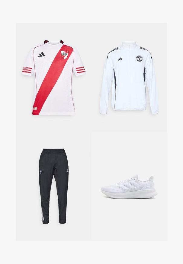 Veste de sport blanche avec des accents noirs, fermeture éclair, et logo de Manchester United. Présente trois bandes noires sur les épaules et des poignets élastiques.; Maillot de sport à manches courtes blanc avec une rayure diagonale rouge, des accents noirs et le logo sur la poitrine gauche, fabriqué en tissu respirant.; Pantalons de sport noirs avec une taille élastique, logo brodé sur la cuisse et bandes blanches sur les côtés.; Chaussures de sport blanches avec un dessus en mesh texturé, une semelle rembourrée et un design à trois bandes sur le côté.