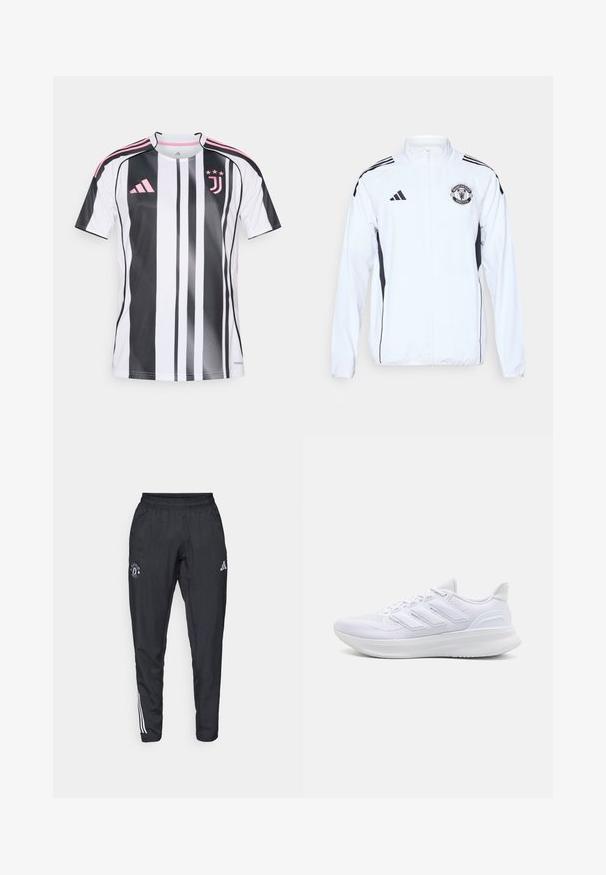 Veste de sport blanche avec des accents noirs, fermeture éclair, et logo de Manchester United. Présente trois bandes noires sur les épaules et des poignets élastiques.; Maillot de football Juventus avec des rayures verticales noires et blanches, accents roses sur les manches et le logo, fabriqué en matériau léger et respirant.; Pantalons de sport noirs avec une taille élastique, logo brodé sur la cuisse et bandes blanches sur les côtés.; Chaussures de sport blanches avec un dessus en mesh texturé, une semelle rembourrée et un design à trois bandes sur le côté.