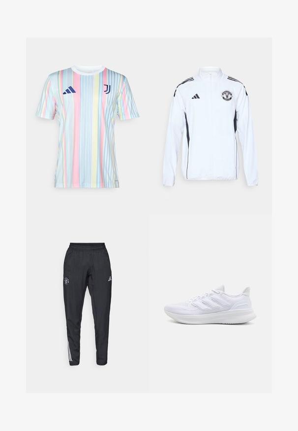 Witte sportjack met zwarte accenten, ritsluiting en het logo van Manchester United. Heeft drie zwarte strepen op de schouders en elastische manchetten.; Juventus gestreept shirt in pastelkleuren, met verticale lijnen in blauw, roze, geel en wit. Gemaakt van lichtgewicht, ademend materiaal.; Zwarte sportbroek met een elastische tailleband, geborduurd logo op de dij en witte strepen die langs de zijkanten lopen.; Witte sportschoenen met een gestructureerde mesh bovenkant, een ondersteunende gevoerde zool en een ontwerp met drie strepen aan de zijkant.