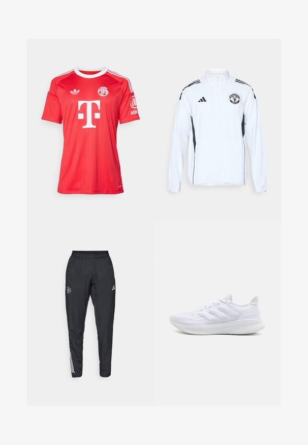 White athletic jacket with black accents, zip closure, and Manchester United logo. Features three black stripes on shoulders and elastic cuffs.; adidas Performance FC BAYERN 2025/2026 THIRD GOALKEEPER JERSEY - Club wear - pure ruby; Black athletic pants featuring an elastic waistband, embroidered logo on the thigh, and white stripes running down the sides.; White athletic shoes featuring a textured mesh upper, supportive cushioned sole, and three stripe design on the side.