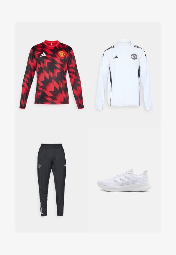 Witte sportjack met zwarte accenten, ritsluiting en het logo van Manchester United. Heeft drie zwarte strepen op de schouders en elastische manchetten.; Langermige rode trui met zwarte geometrische patronen, voorzien van een geborduurd Manchester United-logo en drie witte gestreepte accenten op de schouder.; Zwarte sportbroek met een elastische tailleband, geborduurd logo op de dij en witte strepen die langs de zijkanten lopen.; Witte sportschoenen met een gestructureerde mesh bovenkant, een ondersteunende gevoerde zool en een ontwerp met drie strepen aan de zijkant.