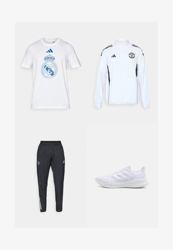 Hvid atletisk jakke med sorte accenter, lynlås lukning og Manchester United logo. Har tre sorte striber på skuldrene og elastiske manchetter.; Hvid bomulds t-shirt med et blåt Real Madrid-logo og krone-design. Inkluderer blåt Adidas-branding på den øverste bryst. Korte ærmer.; Sorte atletiske bukser med elastisk talje, broderet logo på låret og hvide striber, der løber ned ad siderne.; Hvide sportssko med en tekstureret mesh-overdel, en støttende polstret sål og et tre-stripes design på siden.