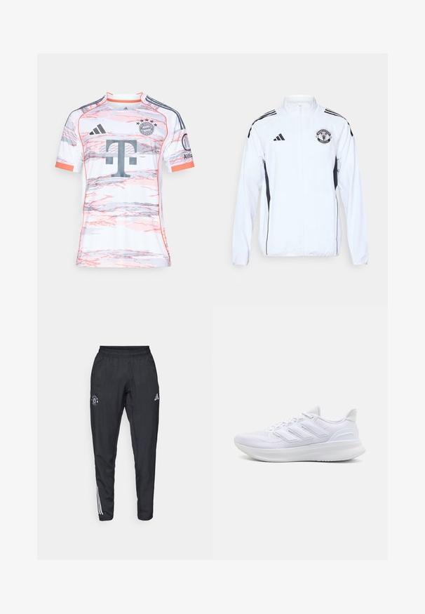 Giacca atletica bianca con accenti neri, chiusura a zip e logo del Manchester United. Presenta tre strisce nere sulle spalle e polsini elasticizzati.; Maglia da calcio bianca a maniche corte con motivi astratti rosa e grigi, dotata di colletto rotondo, logo Adidas e stemma del Bayern Monaco.; Pantaloni sportivi neri con vita elastica, logo ricamato sulla coscia e strisce bianche che scorrono lungo i lati.; Scarpe sportive bianche con tomaia in mesh texturato, suola ammortizzata e supportiva, e design a tre strisce sul lato.