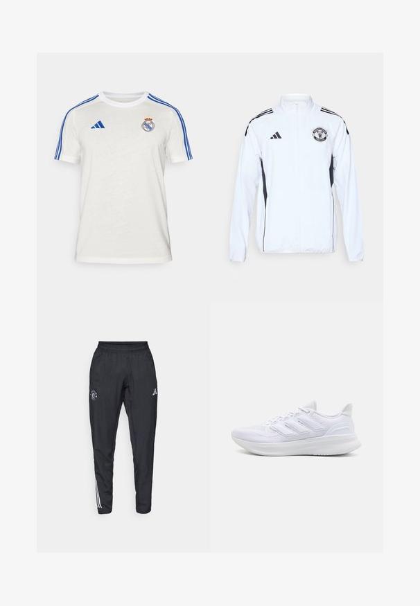 Witte sportjack met zwarte accenten, ritsluiting en het logo van Manchester United. Heeft drie zwarte strepen op de schouders en elastische manchetten.; Witte Adidas T-shirt met blauwe strepen op de schouders, geborduurd clublogo op de borst. Gemaakt van lichte stof, korte mouwen.; Zwarte sportbroek met een elastische tailleband, geborduurd logo op de dij en witte strepen die langs de zijkanten lopen.; Witte sportschoenen met een gestructureerde mesh bovenkant, een ondersteunende gevoerde zool en een ontwerp met drie strepen aan de zijkant.