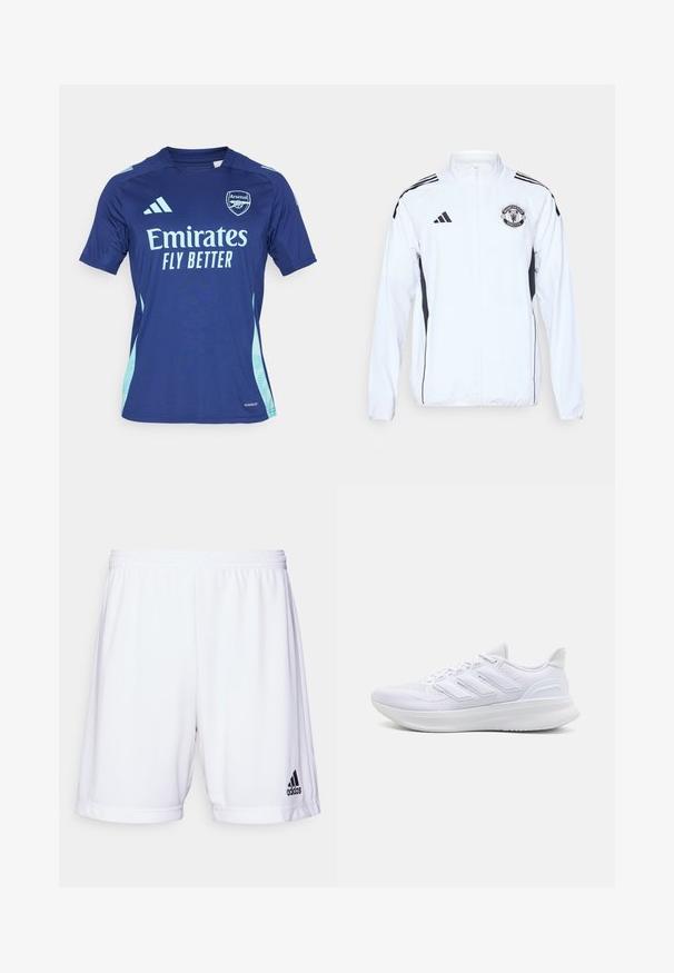 Vit sportjacka med svarta detaljer, dragkedja och Manchester United-logotyp. Har tre svarta ränder på axlarna och elastiska ärmslut.; adidas Performance ARSENAL FC 24/25 TIRO24 JERSEY - Fotbollströjor - night sky; Vitaid sportshorts med elastisk midja, tillverkade av ett mjukt tyg. Har en svart Adidas-logotyp på nedre vänstra sidan.; Vitaidrottsskor i vitt med en texturerad mesh-ovandel, stödjande vadderad sula och tre ränder på sidan.