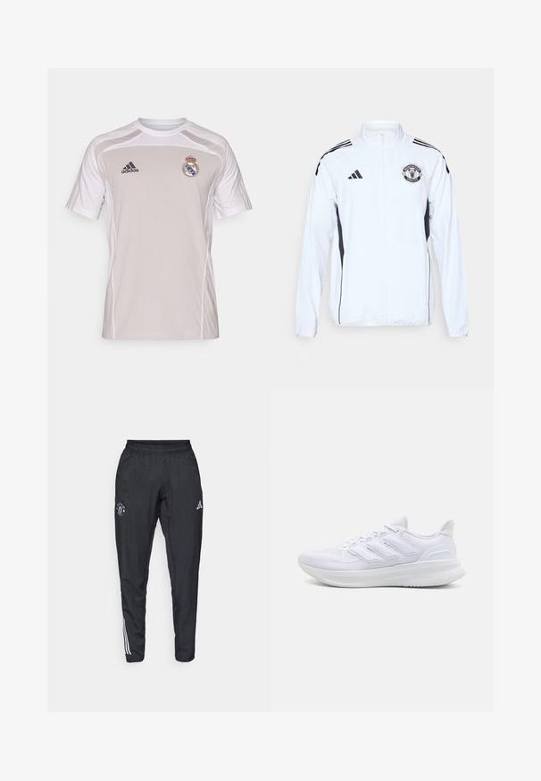 White athletic jacket with black accents, zip closure, and Manchester United logo. Features three black stripes on shoulders and elastic cuffs.; Gray athletic shirt featuring short sleeves, white accents, the Adidas logo, and Real Madrid emblem on the left chest. Lightweight fabric.; Black athletic pants featuring an elastic waistband, embroidered logo on the thigh, and white stripes running down the sides.; White athletic shoes featuring a textured mesh upper, supportive cushioned sole, and three stripe design on the side.