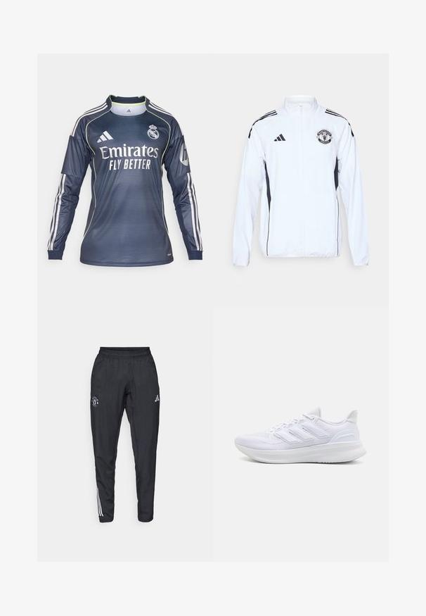 Weiße Sportjacke mit schwarzen Akzenten, Reißverschluss und Manchester United-Logo. Verfügt über drei schwarze Streifen auf den Schultern und elastische Bündchen.; Torwarttrikot in dunklem Marineblau, mit weißen Akzenten und einem gerippten Textur. "Emirates Fly Better" Logo auf der Vorderseite, drei Streifen an den Ärmeln.; Schwarze Sporthose mit elastischem Bund, gesticktem Logo auf dem Oberschenkel und weißen Streifen an den Seiten.; Weiße Sportschuhe mit einem strukturierten Mesh-Obermaterial, einer stützenden gepolsterten Sohle und einem drei Streifen-Design an der Seite.