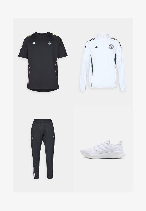 Jachetă sportivă albă cu accente negre, închidere cu fermoar și logo-ul Manchester United. Prezintă trei dungi negre pe umeri și manșete elastice.; Cămașă sport neagră cu mânecă scurtă, cu accente albastre și galbene, guler circular și detalii cu logo pe piept. Textură de țesătură netedă.; Pantaloni sport negri cu talie elastică, logo brodat pe coapsă și dungi albe pe laturi.; Pantofi sport albi cu un superior din plasă texturată, talpă cu amortizare de susținere și un design cu trei dungi pe lateral.
