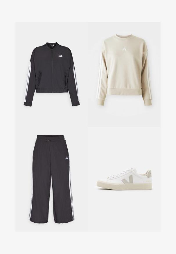 Černá zkrácená bunda vyrobená z lehkého materiálu, s předním zipem, bílými pruhy na rukávech a malým bílým logem na hrudi.; Béžová mikina s kulatým výstřihem, žebrovanými manžetami a lemem, která má tři bílé vertikální pruhy na rukávech a vyšitým logem.; Černé tepláky s elastickým pasem, s bílými bočními pruhy a jemným logem na levé horní části nohavic. Lehký materiál.; Bílé kožené tenisky s šedými akcenty loga V, texturovanou gumovou podrážkou, bílými tkaničkami a polstrovaným jazykem a límcem.