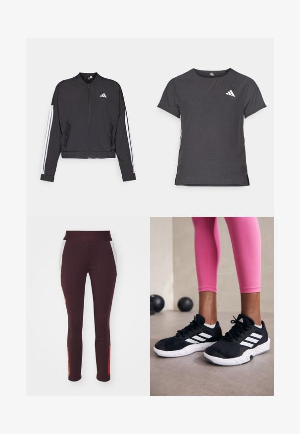 Čierna skrátená bunda z ľahkej látky, so zipsom vpredu, bielymi pruhmi na rukávoch a malým bielym logom na hrudi.; Tričko s krátkym rukávom pre šport, tmavosivé s perforovanou textúrou. Obsahuje biele logo a kontrastné bočné pruhy. Okrúhly výstrih.; adidas Performance FC BAYERN M�NCHEN TRAINING PANT W - Klubové oblečenie - shadow maroon/red; Čierne atletické topánky s bielymi pruhmi, textúrovaný sieťovaný zvršok a biela podrážka. Nosené s ružovými legínami, ukazujúce tréningové oblečenie.