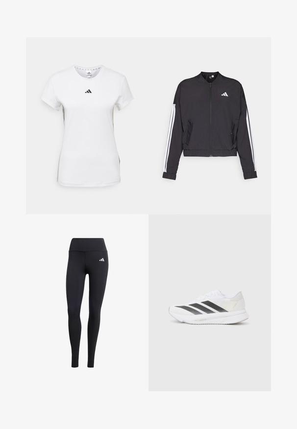 Svart kort jakke laget av lett stoff, med glidelås foran, hvite striper ned over armene, og en liten hvit logo på brystet.; Hvit kortermet treningstrøye med svart Adidas-logo, rund hals og subtile sidestriper. Glatt tekstur og standard passform.; Svarte leggings laget av elastisk materiale, med høy midje og en liten hvit logo, med en glatt, matt finish.; Hvit sportssko med svarte diagonale striper, mesh-overdel, rund tå og teksturert såle. Detaljene inkluderer en sølvfarget hæl og minimalistisk design.