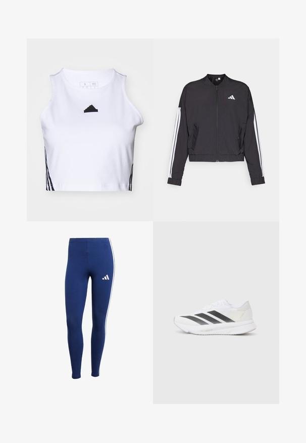 Jaqueta curta preta feita de tecido leve, com fecho de correr na frente, riscas brancas nos braços e um pequeno logótipo branco no peito.; Top cropped branco feito de algodão. Apresenta um logo preto e faixas laterais pretas, com um decote redondo e design sem mangas.; Leggings azul-marinho com riscas laterais brancas e um logo da marca na parte inferior da perna. Feitos de material elástico para conforto e liberdade de movimento.; Shoe atlético branco com riscas diagonais pretas, parte superior em malha, bico arredondado e sola texturizada. Os destaques incluem um calcanhar prateado e um design minimalista.
