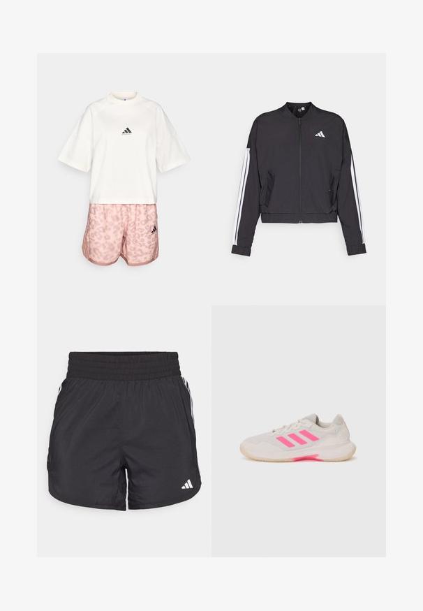 Schwarze, kurz geschnittene Jacke aus leichtem Stoff, mit Reißverschluss vorne, weißen Streifen an den Ärmeln und einem kleinen weißen Logo auf der Brust.; adidas Performance TEE - T-Shirt print - chalk white; Schwarze Sportshorts mit elastischem Bund, seitlichen Taschen und weißen Streifenakzenten an den Seiten. Hergestellt aus leichtem Material.; Hellgrauer Sportschuh mit pinken Akzenten und drei Streifen. Hat ein Obermaterial aus Mesh, eine gepolsterte Zunge und eine Gummisohle mit Profil.