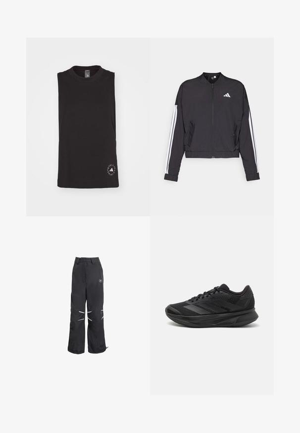 Crni krojeni jakna napravljena od lagane tkanine, sa završetkom na zip, bijelim prugama niz rukave i malim bijelim logotipom na prsima.; Crna majica bez rukava od mekane pamučne tkanine, s okruglim izrezom i kružnim logotipom u bijeloj boji na donjem desnom kutu.; Crne hlače širokih nogavica s reflektirajućim detaljima na koljenima, visoki struk s petljama za remen i okruglog loga na gornjem desnom bedru.; Crne trkaće tenisice s prozračnom mrežastom gornjom konstrukcijom, zaobljenim prstima, elegantnim dizajnom, teksturiranim detaljima i mekanim potplatom za udobnost.