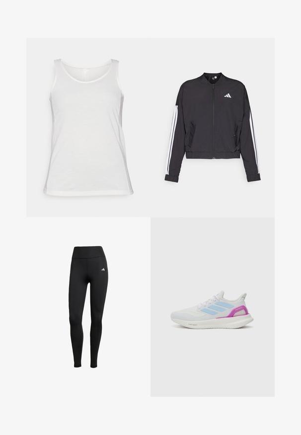 Juoda trumpa striukė, pagaminta iš lengvos medžiagos, su užtrauktuku priekyje, baltomis juostelėmis ant rankovių ir mažyte balta logo ant krūtinės.; Balta be rankovių marškinėlė, pagaminta iš minkštos medžiagos; turi apvalų iškirpimą ir standartinį siluetą, su lygiu paviršiumi ir apdailinta apykakle.; Juodi sportiniai legingai su aukštu juosmeniu. pagaminti iš elastingos medžiagos, su baltu logotipo akcentu viršutiniame kairiajame kampe.; adidas Performance PUREBOOST 5 - Bėgimo batai plentui - white/glow blue/purple burst