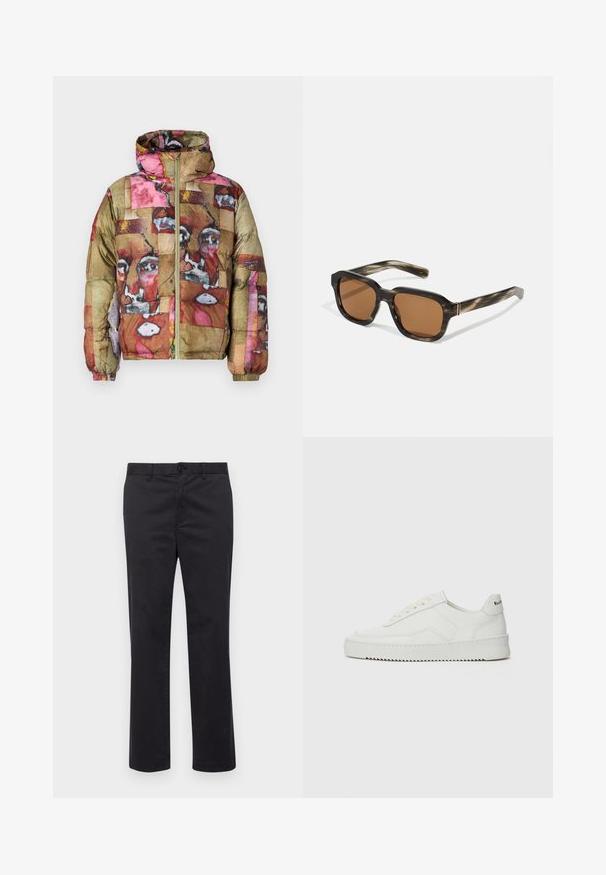 Pružná bunda s vícetrakovým abstraktním vzorem v růžové, hnědé a zlaté barvě, s kapucí a předním zipem.; Icecream JUMBO RUNNING DOG - Triko s potiskem - black; Černé bavlněné kalhoty se střihovým designem rovného nohavice, s knoflíkovým zapínáním a poutky na opasek. Hladká textura, žádné viditelné vzory nebo akcenty.; Bílé kožené tenisky s hladkým povrchem, kulatou špičkou, plochými tkaničkami a texturovanou podrážkou. Na patě se nachází nenápadné logo.; Plastové sluneční brýle s želvovinovým vzorem, osmiúhlé hnědé čočky a tenké zlaté kovové detaily na rámu.
