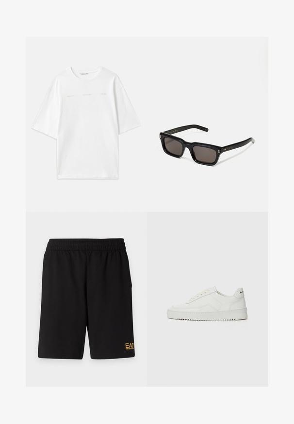 Pufjakas ar daudzkrāsainu abstraktu rakstu rozā, brūnā un zeltā, ar kapuci un priekšējo rāvējslēdzēju.; Balts kokvilnas T-krekls ar pārāk lielu dizainu, apaļu apkakli, īsām piedurknēm un drukātām tekstu akcentiem gaiši bēšā krāsā. Gluda tekstūra.; Melnas sporta šortus, kas izgatavoti no mīksta auduma, ar elastīgu jostu un mazu dzeltenu EA7 logo zem kreisā kājas stūra.; Baltas ādas sneakers ar gludu virsmu, apaļu pirkstu daļu, plakaniem šņorēm un teksturētu zoli. Satur diskrētu logotipu uz papēža.; Melnas taisnstūra formas saulesbrilles ar tumšiem stikliem, bieza plastmasas rāmja, zelta akcenti pie tempļiem un zīmola logo iegravēts roku daļā.