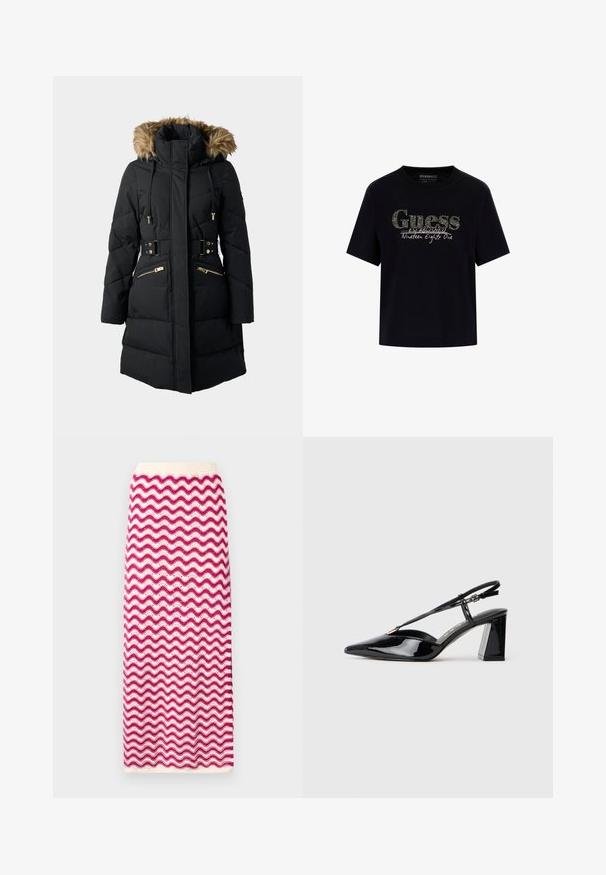 Czarna ocieplana parka z kapturem z sztucznego futra, z zamykanymi na zamek kieszeniami, regulowanymi sznurkami oraz paskiem w talii, z elementami wykończenia w kolorze złotym.; Czarny bawełniany t-shirt z okrągłym dekoltem i krótkimi rękawami. Posiada błyszczące logo "Guess" oraz napis "Established Nineteen Eighty One".; Sukienka midi z dzianiny, z falistym wzorem w różowym i białym kolorze. Elastyczny pasek w talii i fakturowane wykończenie. Prosta sylwetka i długość do kostek.; Czarne lakierowane szpilki z odkrytymi piętami, z ostrym noskiem, regulowanym paskiem i masywnym prostokątnym obcasem.