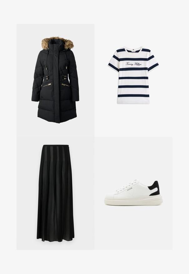 Zwarte gewatteerde parka met een nepbont capuchon, ritszakken, verstelbare koordjes en een ceintuur in de taille, voorzien van gouden hardware-accenten.; Katoenen T-shirt met horizontale marineblauwe strepen op een witte achtergrond. "Tommy Hilfiger" geborduurd in cursieve letters op de borst. Ronde hals.; Zwarte geplooide maxirok van lichte stof, met verticale satijnen strepen en een comfortabele tailleband voor draaggemak.; Witte leren sneakers met een dikke witte zool, zwarte suède hielaccent en een geperst logo op de zijkant. Vetersluiting met zes oogjes.