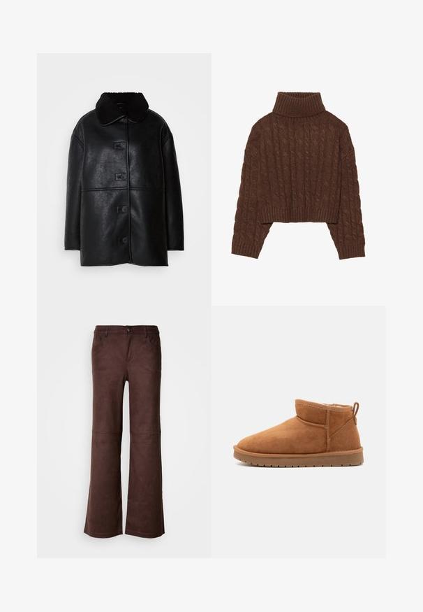 Fekete bőrkabát texturált felülettel, széles gallérral és öt elülső gombbal. Laza szabása és egyenes vonalai vannak.; Barna, kábelmintás, rövid fazonú pulóver magas garbónyakkal és hosszú ujjakkal, bordázott szegéllyel és mindenütt texturált mintázattal.; Barna, trapéz szabású nadrág puha, Suede-szerű anyagból. Négy zseb, gombos záródás és sima, texturált felület jellemzi.; Call it Spring JAMIELEE - Téli csizmák - camel