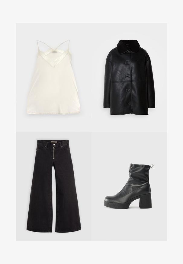 Cappotto in pelle nera con una finitura testurizzata, ampio colletto e cinque bottoni frontali. Presenta una vestibilità ampia e un taglio dritto.; Camisola di crema chiara con spalline regolabili, design a V e dettagli in pizzo sul collo e sull'orlo per un tocco in più.; Jeans a gamba larga in denim nero con chiusura a zip, design a cinque tasche e dettagli di cucitura sottili. Texture morbida e stile casual.; Stivali neri alla caviglia in pelle liscia, con zip laterale, tacco spesso e texture, e punta arrotondata.