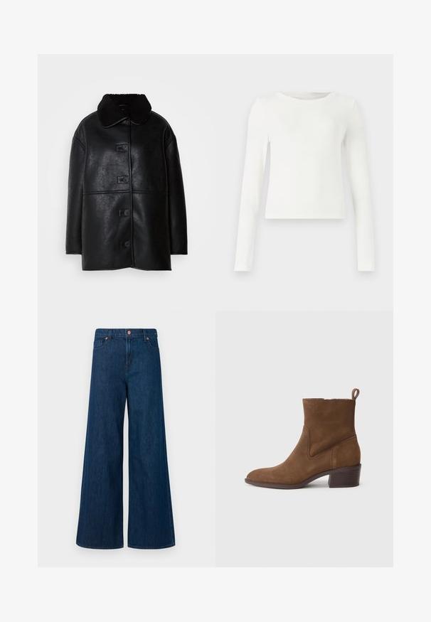 Fekete bőrkabát texturált felülettel, széles gallérral és öt elülső gombbal. Laza szabása és egyenes vonalai vannak.; Fehér, hosszú ujjú, bordázott felső kerek nyakkal. Simább textúra, illeszkedő fazon, látható minták vagy díszítések nélkül. Egyszerű és minimalista stílus.; Kék, bő szárú farmernadrág elöl gombos záródással, övhurkokkal és öt zsebes kivitelben fehér háttér előtt.; Barna velúr bokacsizma hegyes orral, rövid szárú és texturált, rétegelt sarokkal. Oldalvarrásokkal és húzófüllel rendelkezik.