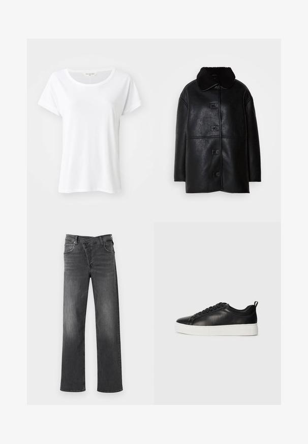 Black leather coat with a textured finish, wide collar, and five front buttons. Features a loose fit and straight cut.; White short-sleeved t-shirt with a round neckline, made of smooth fabric, featuring a lightweight and loose fit, no visible patterns or embellishments.; Dark gray denim jeans with a straight leg cut, five-pocket design, and subtle fading. Reinforced stitching and metal hardware details.; Black low-top leather sneaker with black laces and white thick rubber sole, viewed from the outer side on a white background.