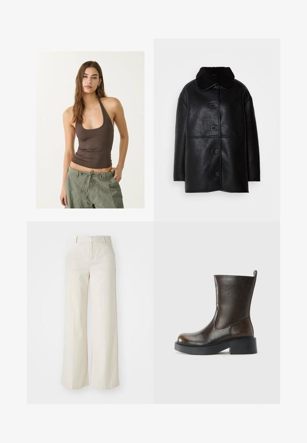 Musta nahkatakki, jossa on teksturoitu pinta, leveä kaulus ja viisi etunappia. Ominaisuuksiin kuuluu löysä istuvuus ja suoraviivainen leikkaus.; Ruskea hihaton paita, jossa on pyöreä pääntie ja rypytetty pinta, yhdistettyinä oliivinvihreisiin kiristysnaruilla varustettuihin cargo-housuihin.; Tilavat housut vaaleassa beigeissä sävyissä, valmistettu sileästä kankaasta. Ominaisuuksina klassinen vyötäröosa ja litteä etuosa, joissa on puhtaat linjat.; Tummanruskea keskipituinen nahkasaapas pyöreällä varvaskappaleella, paksulla mustalla pohjalla, matalalla blokkikannalla ja vetotapilla takana.