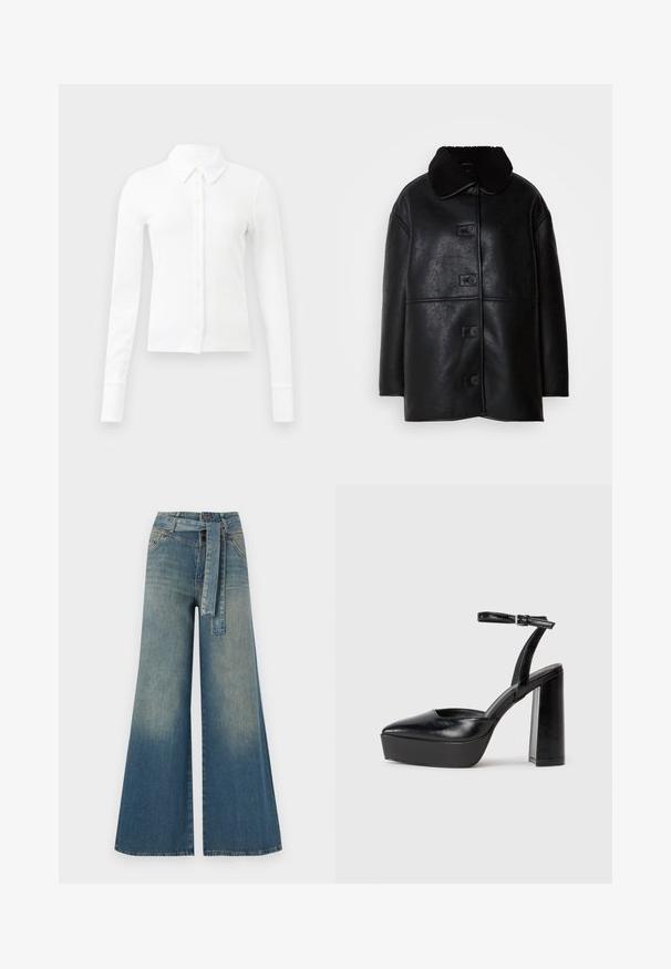 Cappotto in pelle nera con una finitura testurizzata, ampio colletto e cinque bottoni frontali. Presenta una vestibilità ampia e un taglio dritto.; Camicia bianca a maniche lunghe con pattina frontale, dotata di colletto, morbida texture a coste e bottoni gialli chiari.; Pantaloni in denim a gamba larga con una sfumatura che va dal blu chiaro al blu scuro, vita alta, passanti per cintura e una cintura in tessuto coordinato. Finitura in denim strutturato.; Tacchi a piattaforma neri con punta appuntita e cinturino regolabile alla caviglia. Realizzati in pelle liscia, presentano un tacco a blocco spesso.