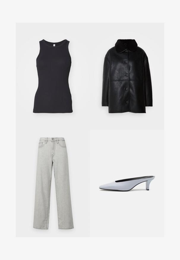 Črn usnjen plašč z teksturiranim zaključkom, širokim ovratnikom in petimi sprednjimi gumbi. Ima ohlapen kroj in ravno silhueto.; Črna brezrokavna majica s krožnim izrezom. Narejena iz mehkega bombažnega Materiala, ima oprijet kroj in gladko teksturo.; Svetlo sivi široki traper hlače, izdelane iz denima, z visokim pasom, sprednjimi žepi in standardnim zapiranjem s gumbom in zadrgo.; Svetlo modre lakirane mule s poudarjenim nosom, nizkim prozornim petam in elegantnim dizajnom z izrezom na sprednjem delu.
