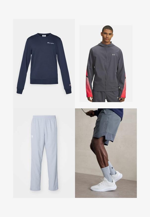 Giacca grigia con zip e cappuccio, caratterizzata da accenti a righe rosse sulle maniche e dettagli neri. Realizzata in materiale leggero e morbido.; Felpa blu navy realizzata in misto cotone, con maniche lunghe, colletto a girocollo e un piccolo logo bianco sul petto. Polsini e orlo a coste.; Pantaloni sportivi azzurri chiari con cintura elastica, tasche laterali e zip alle caviglie. Presenta un logo bianco sulla coscia sinistra.; Scarpe da ginnastica bianche con tomaia in mesh testurizzato, abbinate a calzini a coste blu chiaro con un logo. Pantaloni sportivi grigi con bordi perforati.