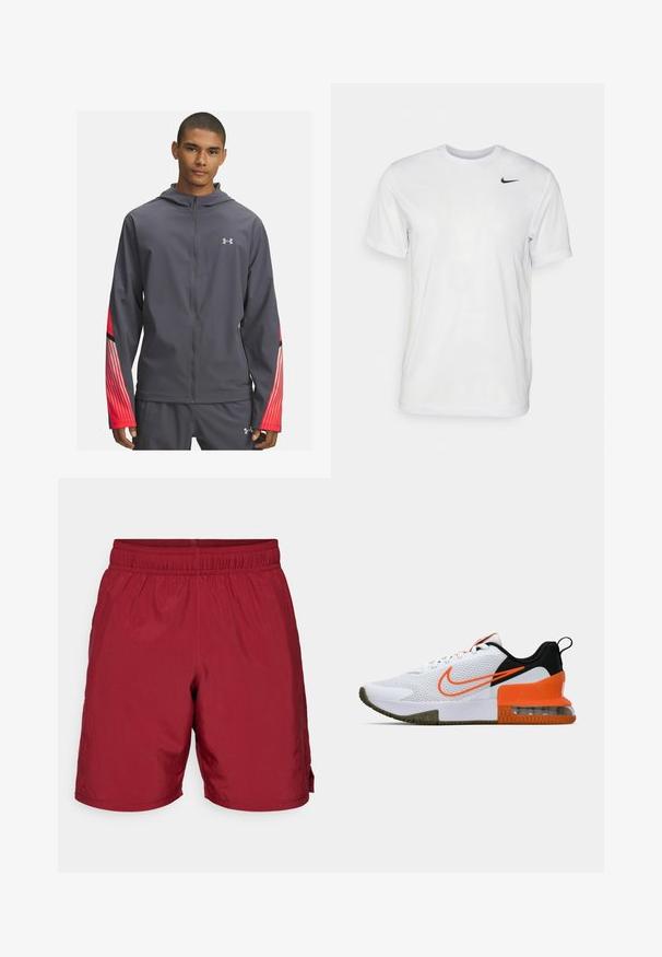 Pilkas zip-up džemperis su gobtuvu, su raudonais dryžuotais akcentais ant rankovių ir juodais detalėmis. Pagamintas iš lengvos, lygaus audinio.; Balta trumpa rankovėmis marškinėliai, pagaminti iš lygaus audinio. Turi apvalų kaklą ir mažą juodą Nike logotipą kairėje krūtinės pusėje.; Bordo elastingos juostos šortai su tiesiomis kojėmis ir kišene dešinėje pusėje, eksponuojami prieš paprastą baltą foną.; Baltas sportinis batas su tekstūruota tinkline viršutine dalimi, juodais ir oranžiniais akcentais, storu guminio pado sluoksniu ir AIr pagalvės skaidriąja dalimi kulne.