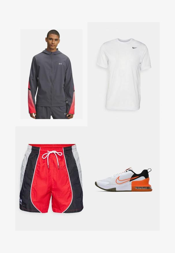 Pilkas zip-up džemperis su gobtuvu, su raudonais dryžuotais akcentais ant rankovių ir juodais detalėmis. Pagamintas iš lengvos, lygaus audinio.; Balta trumpa rankovėmis marškinėliai, pagaminti iš lygaus audinio. Turi apvalų kaklą ir mažą juodą Nike logotipą kairėje krūtinės pusėje.; Raudoni maudymosi šortai su juodais ir pilkais šonų intarpais, balta virvele, lengva medžiaga ir kontrastinga apdaila išilgai siūlių.; Baltas sportinis batas su tekstūruota tinkline viršutine dalimi, juodais ir oranžiniais akcentais, storu guminio pado sluoksniu ir AIr pagalvės skaidriąja dalimi kulne.