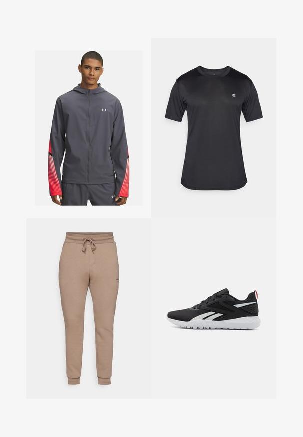Szara kurtka zapinana na zamek z kapturem, z czerwonymi paskami na rękawach i czarnymi detalami. Wykonana z lekkiego, gładkiego materiału.; Czarna krótka koszulka sportowa z materiału o teksturowanej, oddychającej powierzchni; ma okrągły dekolt i logo po lewej stronie na piersi.; Jasno beżowe dresy wykonane z miękkiego materiału, z elastycznym paskiem w pasie, zwężającymi się nogawkami, bocznymi kieszeniami i małym logo na udzie.; Czarne buty sportowe z siateczkową cholewą, białymi akcentami, teksturowaną podeszwą oraz czerwonym tabem na pięcie dla dodatkowego akcentu.