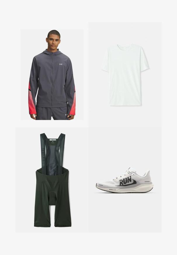 Huppari harmaana vetoketjulla, jossa on punaiset raidalliset yksityiskohdat hihoissa ja mustat yksityiskohdat. Valmistettu kevyestä ja sileästä materiaalista.; Vihreä mintun värinen lyhythihainen t-paita, joka on valmistettu pehmeästä kankaasta. Siinä on pyöreä kaula-aukko ja yksinkertainen, suora leikkaus ilman koristeita.; Tummanvihreät pyöräilyhousut, joissa on verkkosidokset, pehmustettu istuinosa ja heijastavat yksityiskohdat. Sileä, joustava kangas mukavuutta varten.; Valkoiset juoksukengät, joissa on verkkokangasosa, suuri musta "RUN" -grafiikka, vaaleanharmaat yksityiskohdat ja pehmeä pohja, jossa on "AIR 200M" -brändäys.