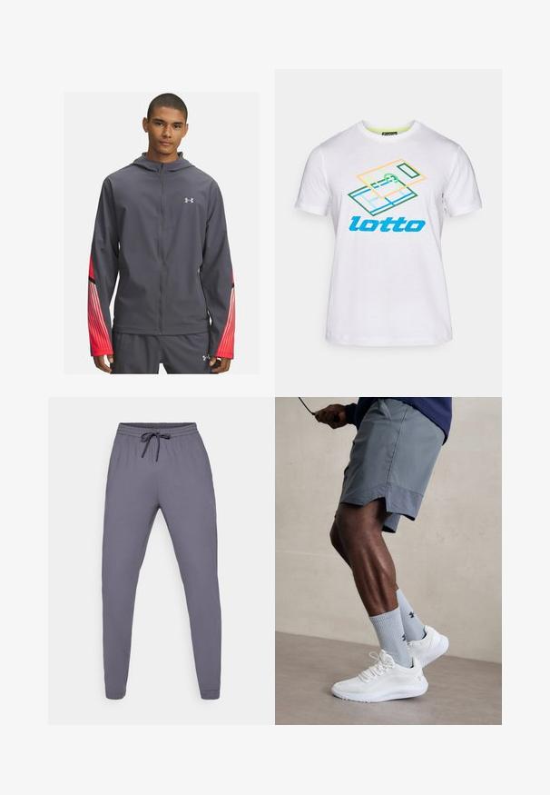 Šedá zipová bunda s kapucí, zdobená červenými pruhy na rukávech a černými detaily. Vyrobena z lehkého, hladkého materiálu.; Bílý bavlněný tričko s barevným grafickým designem a modrým textem "lotto". Krátké rukávy a kulatý výstřih.; Šedé sportovní kalhoty s elastickým pasem a šňůrkou na stažení. Hladká textura, zúžený střih nohavic, s malým logem na boku.; Bílé sportovní boty s texturovaným síťovaným svrškem, spárované se světle modrými pruhovanými ponožkami s logem. Šedé sportovní šortky s perforovaným lemem.