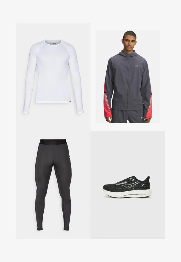 Graue Zip-Jacke mit Kapuze, die rote gestreifte Akzente an den Ärmeln und schwarze Details aufweist. Hergestellt aus leichtem, glattem Material.; Weißes Langarmhemd aus glattem, leichtem Material. Verfügt über einen Rundhalsausschnitt und Flachnähte. Enthält das GripGrab-Logo am Kragen.; Kompressionsleggings aus dehnbarem schwarzen Stoff mit tailliertem Design. Sie verfügen über einen breiten Bund und kontrastierende Nähte.; Schwarze Laufschuhe mit einem strukturierten Mesh-Obermaterial, weißer Zwischensohle und hellgrauen Akzenten; verfügt über ein Schnürdesign und eine runde Zehenpartie.