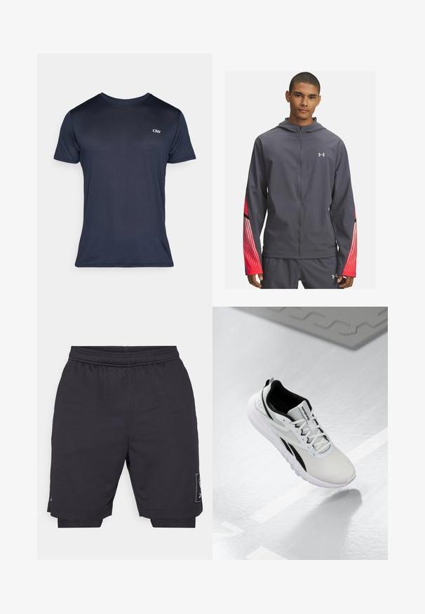 Gray zip-up jacket with a hood, featuring red striped accents on the sleeves and black detailing. Made of lightweight, smooth material.; Navy blue, short-sleeve t-shirt made from ribbed fabric, featuring a small logo on the upper left side and a classic crew neckline.; Black sports shorts with an elastic waistband, cut just above the knee, featuring a small logo patch on the side and a textured fabric finish.; Light gray athletic shoe with black accents, textured mesh upper, cushioned sole, and lace-up closure. Features a heel pull tab.