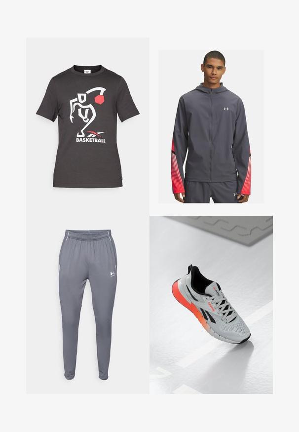 Chaqueta gris con cremallera y capucha, con acentos de rayas rojas en las mangas y detalles en negro. Fabricada con material ligero y suave.; Camiseta de algodón negra con un gráfico de un jugador de baloncesto en blanco, acento en la pelota roja y texto "BASKETBALL" en blanco y rojo. Manga corta.; Pantalones deportivos grises con cinturilla elástica, bolsillos laterales y detalles en blanco. Fabricados con un material suave y ligero.; Zapatilla deportiva blanca con parte superior de malla, acentos en negro y una suela con degradado de naranja a rosa. Presenta un diseño de cordones y una puntera redondeada.